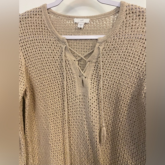 J Jill Sweater Sz XS Tan Open Stitch Lace Up V-neck - Picture 3 of 8